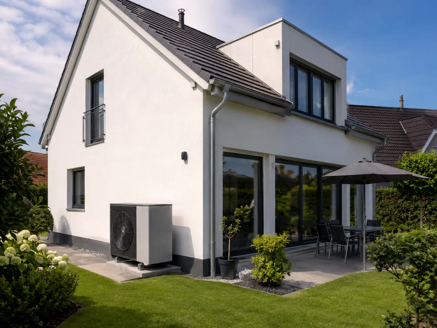 Luft-Wasser-Wärmepumpe an einem Einfamilienhaus